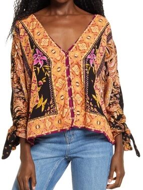 Free People V-Neck Button-Front Blouse in Gold, Black & Pink